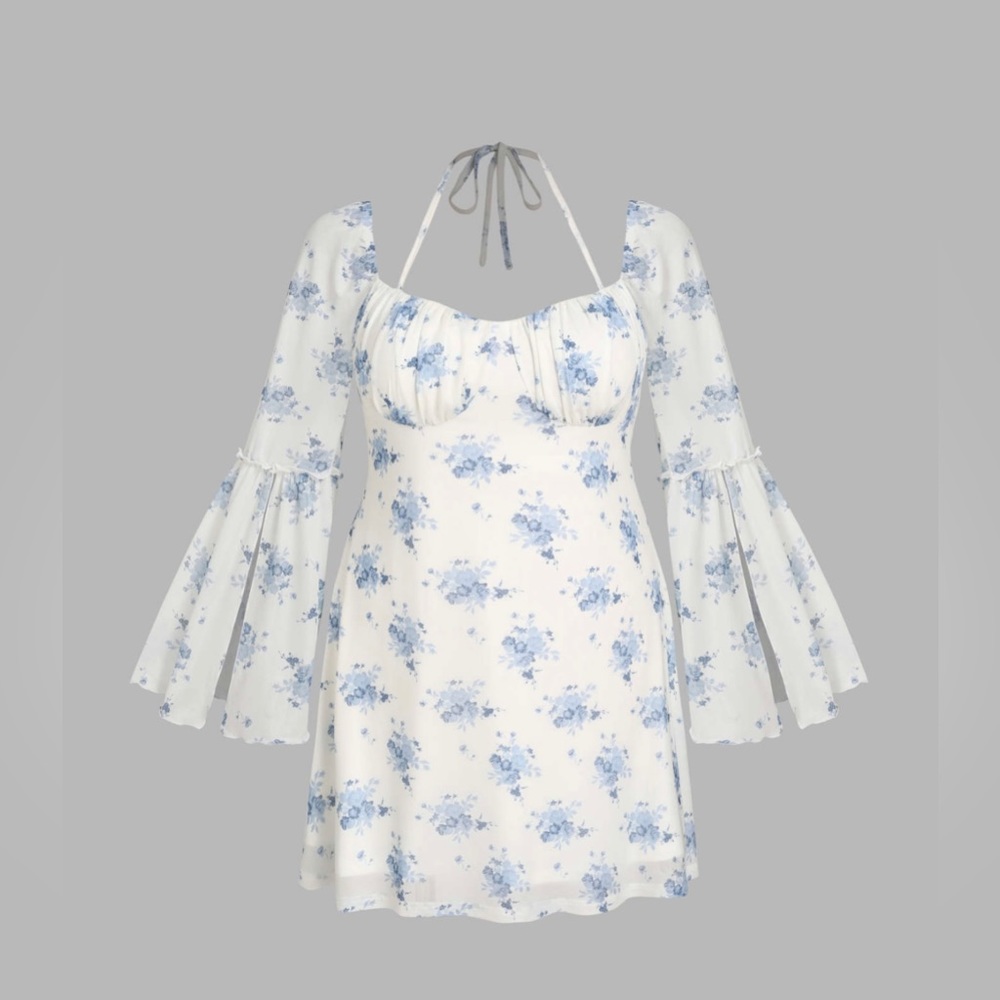 Cider Curve & Plus Floral Bell Sleeve Halter Knotted Mini Dress